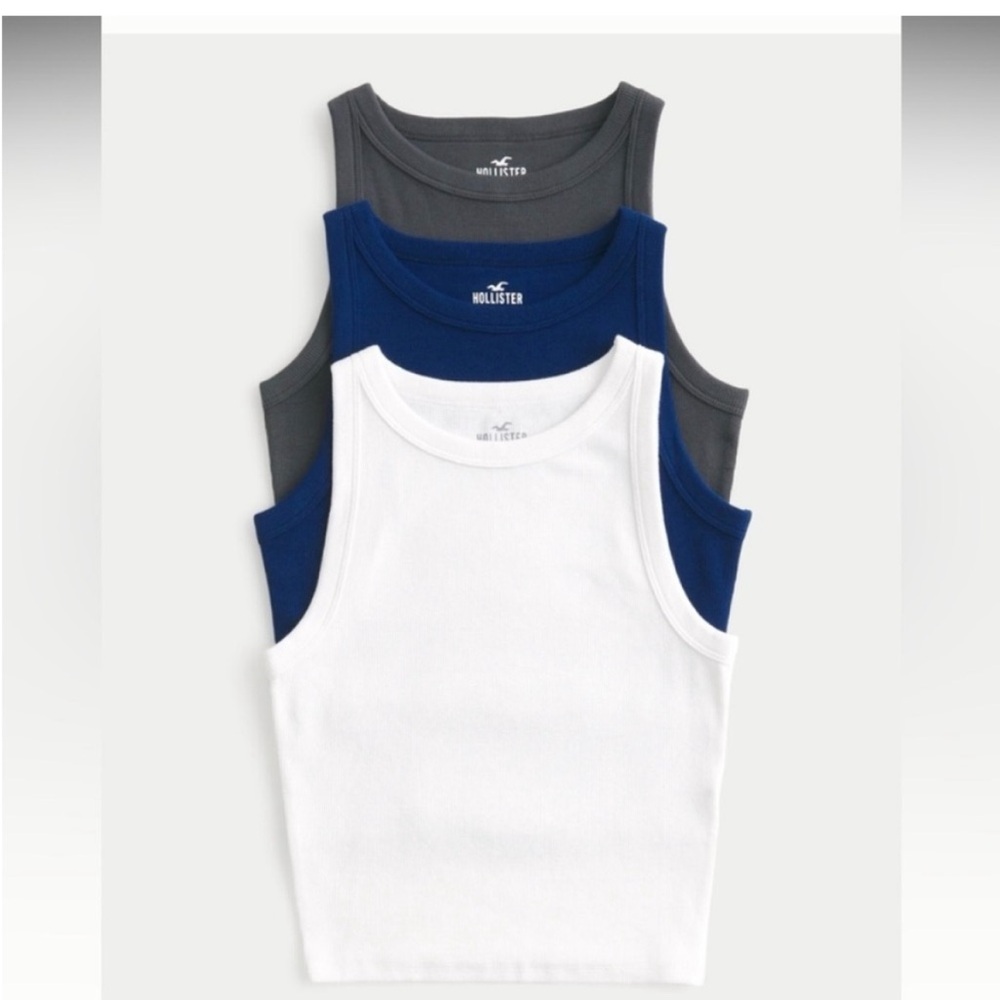 NWT Hollister Ribbed High- Neck Tank 3 Pack Colors Blue Grey White Size …